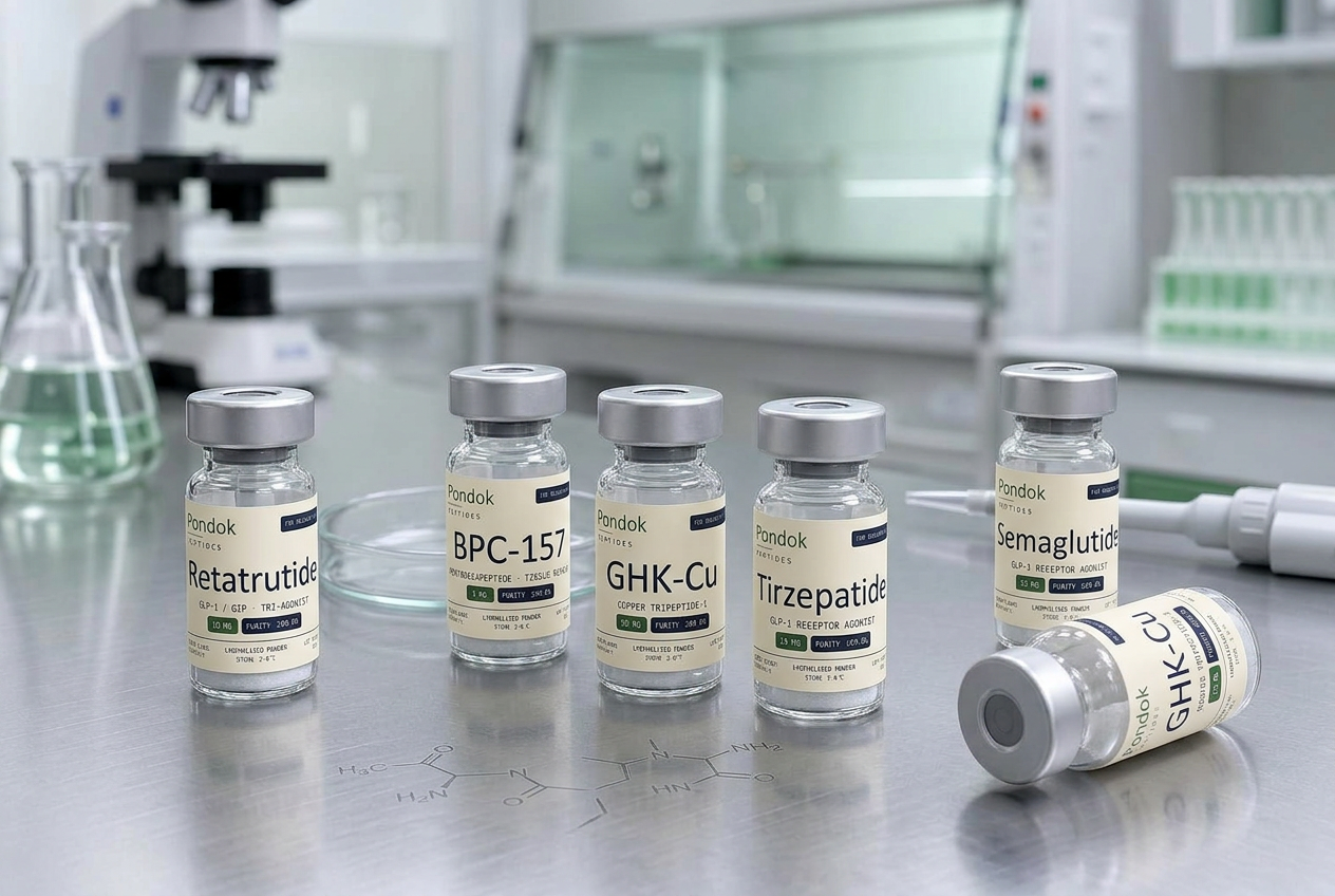 Cluster of clear glass Pondok Peptides research peptide vials in a sterile pharmaceutical laboratory