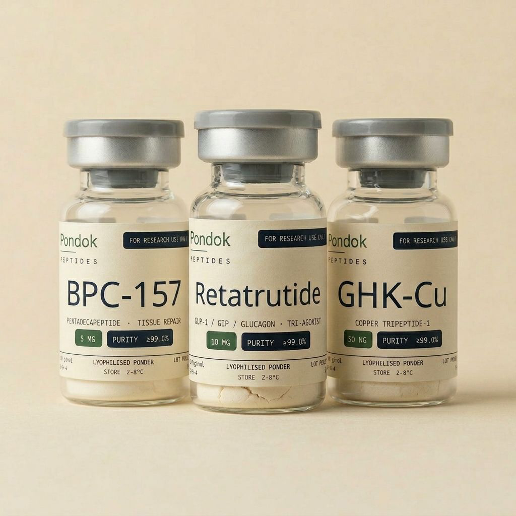 Clear glass research peptide vials on a stainless steel laboratory bench